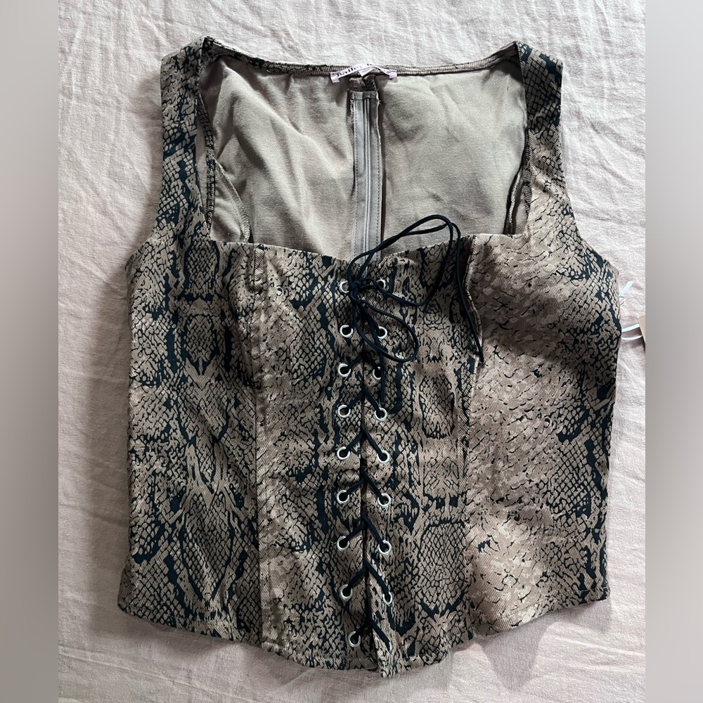 Snake-Print Lace-Up Corset Crop Top - Gray